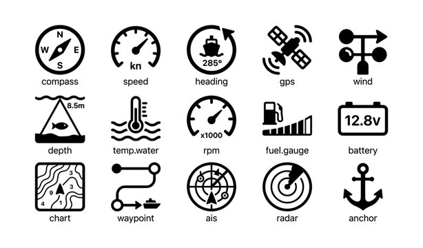 Set of nautical and marine icons for navigation and monitoring