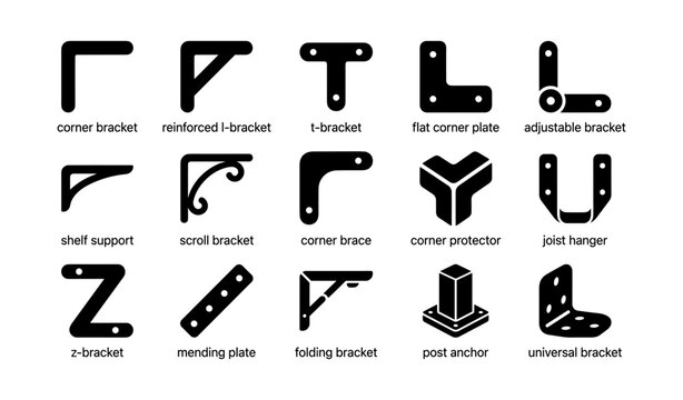 Variety of brackets and supports for construction and diy projects