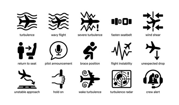 Aviation safety icons: turbulence, seatbelt, pilot, flight instability, brace position