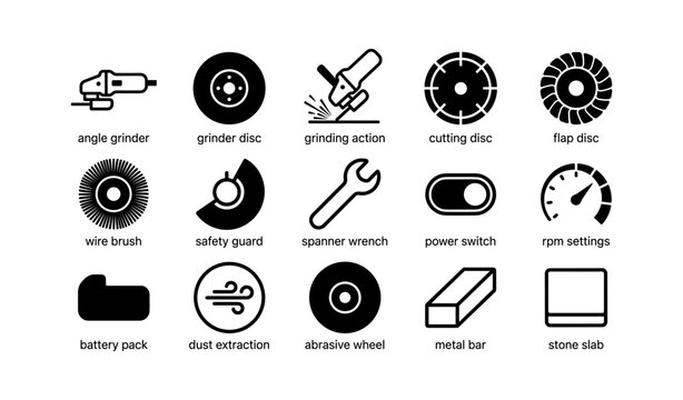 Power tool icons: grinder disc, safety gear, abrasive wheel, battery pack