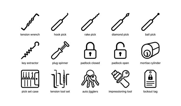 Locksmith tools set: tension wrench, hook pick, padlocks, mortise cylinder