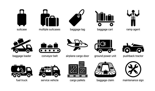 Airport icons: suitcases, baggage cart, airplane cargo, ground crew, service vehicles