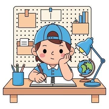 Thoughtful child wearing baseball cap at desk with globe and lamp, studying, thinking, homework, learning geography.