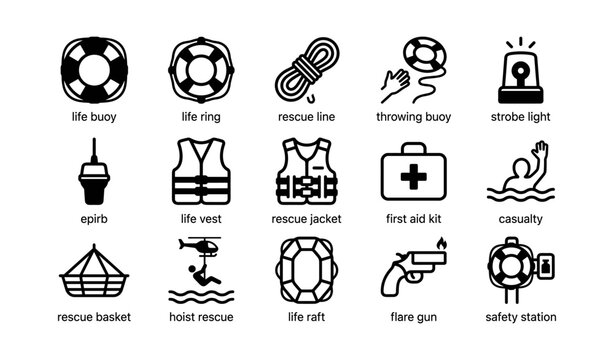 Marine safety equipment: life buoys, rescue lines, first aid kits, flare gun, epirb