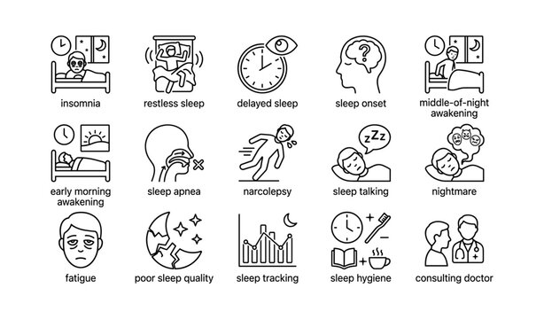 Icons depicting sleep disorders and sleep health concepts