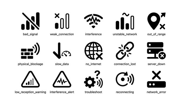 Network connectivity icon set indicating issues and troubleshooting symbols