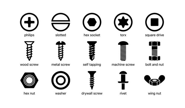 Various screw and bolt heads and types with simple icons