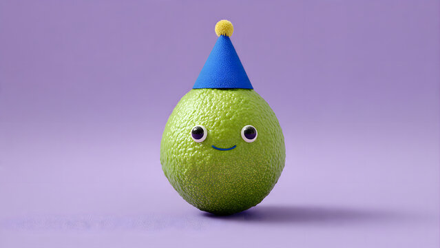 Cute 3D cartoon of green lime facing the camera wearing a blue party hat on a lavender flat background, playful fruit character