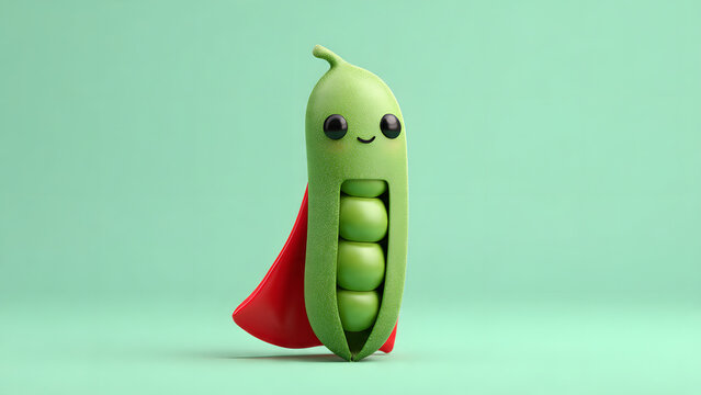 Cute 3D cartoon of green peas pod facing the camera wearing a red superhero cape on a mint flat background, playful vegetable illustration