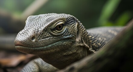 Fototapeta premium Close-up portrait of a monitor lizard's head with detailed scales and watchful eyes in a natural setting.
