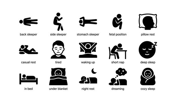 Different sleeping positions and sleep activities illustrated in icons
