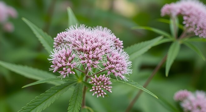 Close-up of a pink Eupatorium purpureum flower cluster with green leaves in soft focus background