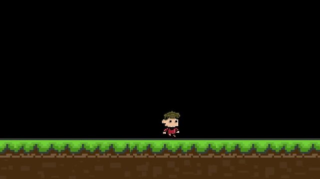 Pixel art animation with a boy walking on the grass on a black background, art, vintage.