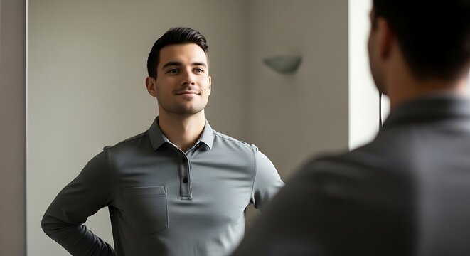 Confident man looking in mirror with a smile, self-assuredness and positive self image, getting ready for the day