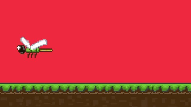 Pixel art animation with a boy walking on the grass on a red background, art, vintage.
