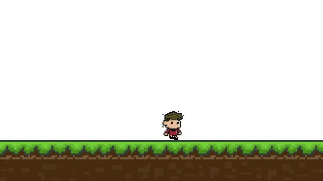 Pixel art animation with a boy walking on the grass on a white background, art, vintage, 2D.