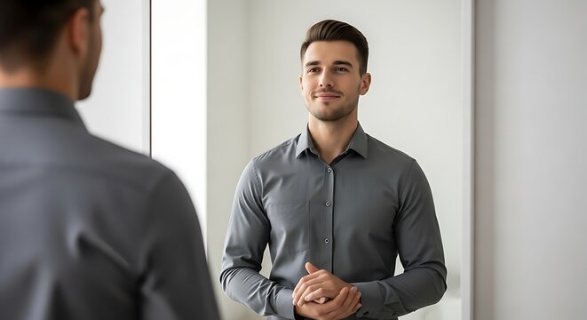 Confident man in business shirt looking in mirror preparing for meeting self assurance and positive self image