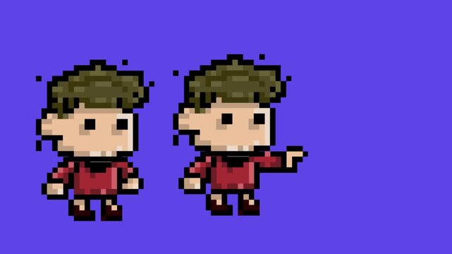  Pixel art style animation of a boy in different positions on a blue background, art, vintage, game, 2D.