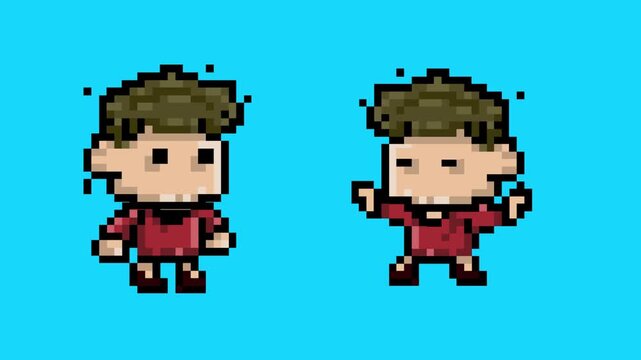 Pixel art style animation of a boy in different positions on a blue background, art, vintage, 2D.