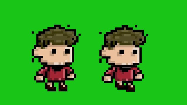 Pixel art style animation of a boy in different positions on a green background, art, vintage.