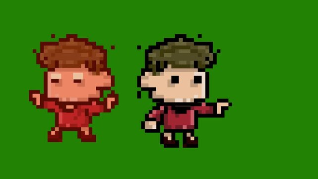 Pixel art style animation of a boy in different positions on a green background, art, vintage, game.
