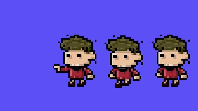Pixel art style animation of a boy in different positions on a blue background, art, vintage, game.