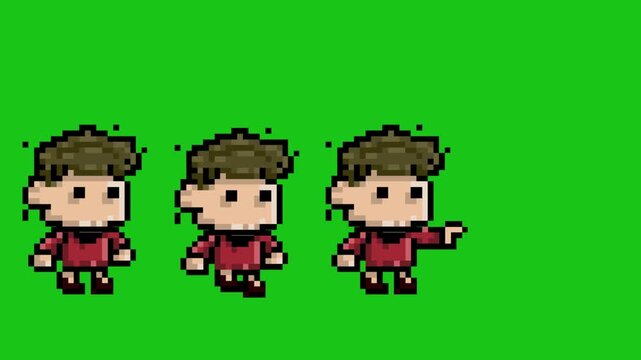Pixel art style animation of a boy in different positions on a green background, art, vintage, game, 2D.