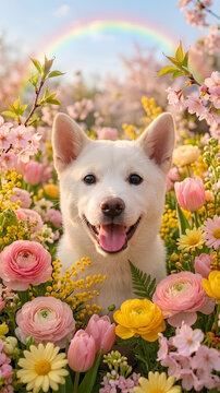 A lovely Korean Jindo dog surrounded by spring flowers.