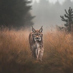 Fototapeta premium Lynx in grassland walking toward camera full body, blurry foggy background natural lighting misty morning, wild feline calm atmosphere rule of thirds
