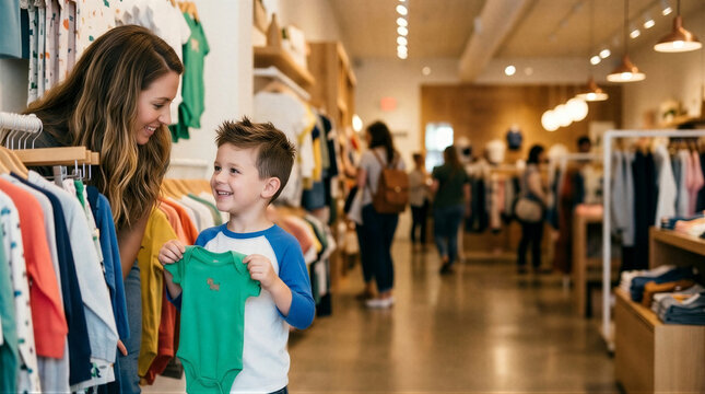 A young boy holding up a green t-shirt in a clothing store.