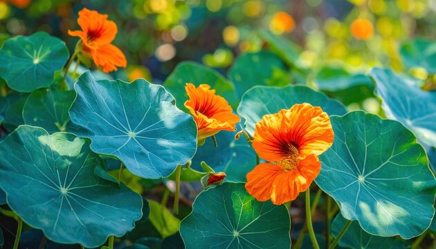 鮮やかなオレンジ色のキンレンカの花が丸い緑色の葉の間から美しく咲き誇る初夏の庭園の風景であり、自然の光が降り注ぎ背景のボケ味が花の鮮やかさを引き立てる、オーガニックな家庭菜園やエディブルフラワーのイメージに最適な一枚です。