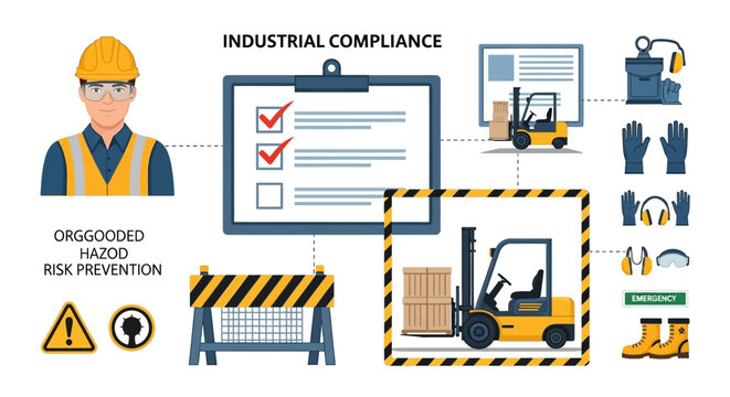 An illustration celebrating World Day for Safety and Health at Work, depicting a worker in a hard hat alongside safety equipment such as a forklift, barrier, and gloves, set against a clean