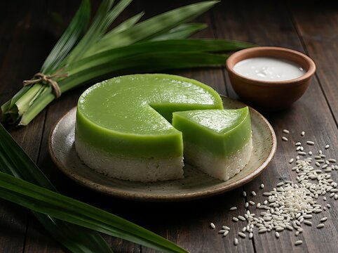 A slice of Kuih Seri Muka, a two-layered dessert with a green pandan custard top and a white glutinous rice bottom, served with fresh pandan leaves and coconut milk.