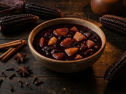 A close-up of a bowl of Mazamorra Morada, a sweet Peruvian pudding made from purple corn, surrounded by ingredients like cinnamon sticks, cloves, and whole corn cobs on a dark wooden table.
