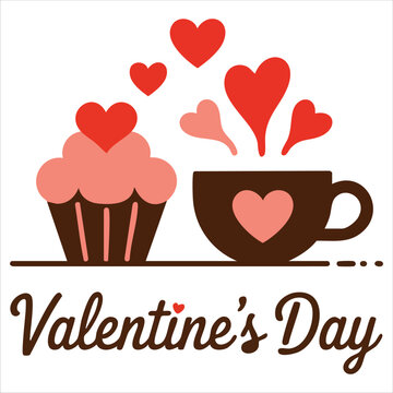 Cup And Cupcake With Hearts Vector Illustration For Valentines Day Celebration Art