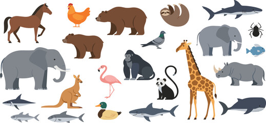 Obraz premium Wild and Domestic Animals Vector Illustration Set Featuring Elephant, Giraffe, Bear, Horse, Kangaroo, Shark, Flamingo, Panda, and More in Flat Cartoon Style.