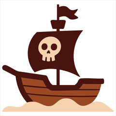Historic Sailing Vessel With Skull And Crossbones Banner Flat Vector Art For Kids © azzedine