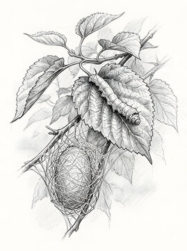 Detailed Ink Drawing of Silkworm and Cocoon on Mulberry Branch Illustration