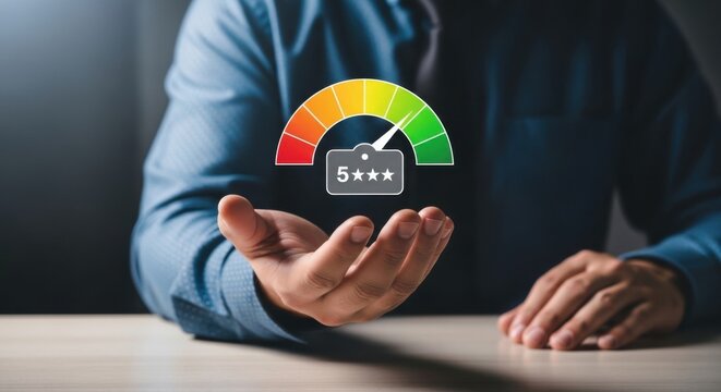 Businessman showing 5-star rating with gauge meter