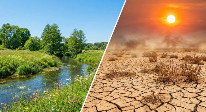 A split-screen image showcasing a lush, green river valley with trees and wildflowers on the left, contrasting with a barren, cracked desert landscape under a scorching sun on the right.