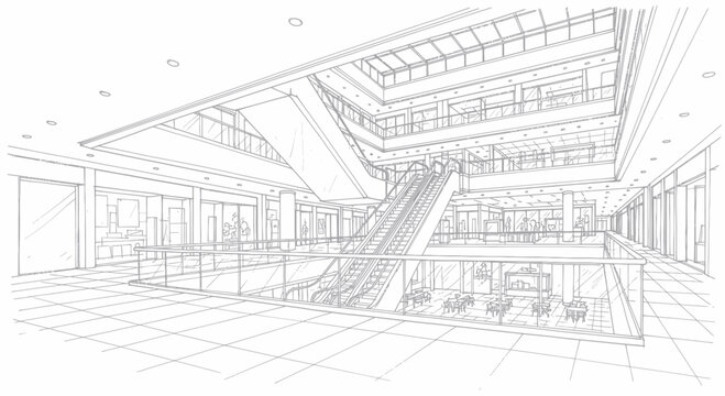 Architectural sketch of a modern multi-story shopping mall interior with escalators and glass railings.