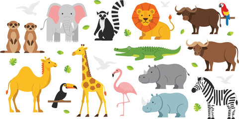 Cute Safari Animals Vector Illustration Set Featuring Lion, Elephant, Giraffe, Zebra, Crocodile, Camel, Flamingo, and More in Flat Cartoon Style for Kids Design. © MstSuborna