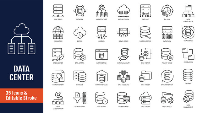 Data Center icon set. Steps icon set. Icons related to server, hosting, cloud computing, security, internet, computer, data processing, and more. Outline icon with Editable stroke. Vector illustration