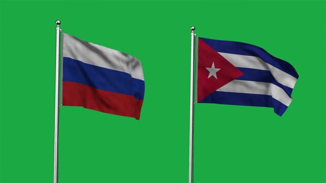 Russia and Cuba Waving Flags, 3D Illustration.