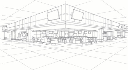 Fototapeta premium Architectural wireframe drawing of a modern commercial building exterior.