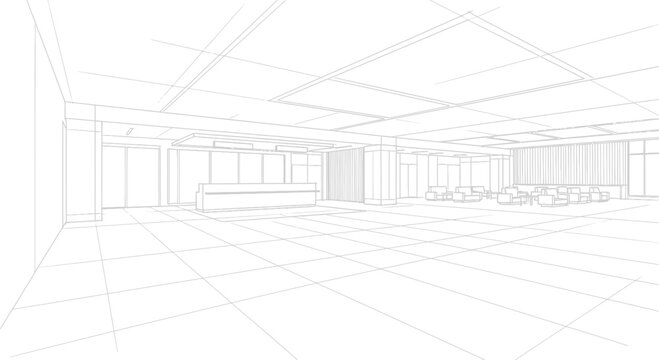Architectural wireframe sketch of a modern empty interior space with grid floor and ceiling panels.