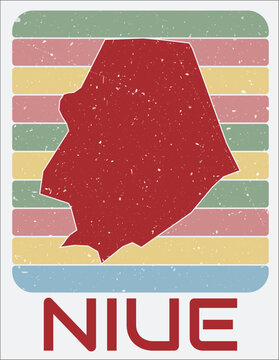 Niue vintage logo. Shape of the country on retro colored stripes background. Niue map design with grunge scratch texture. Vector illustration.