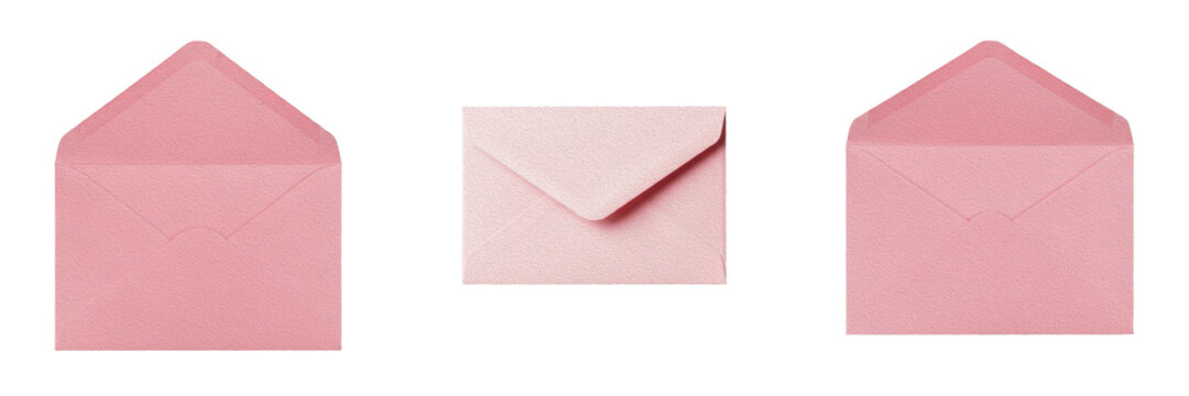 Elegant Pink Paper Envelopes Collection - Set of Open and Closed Pastel Stationery Isolated on White for Valentine's Day, Weddings, Invitations, and Romantic Correspondence (178 Characters)