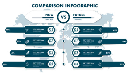 4 steps comparison diagram for business state representation   Infographic step by step compare chart with water mark world map   Futuristic corporate vector illustration © CSE20
