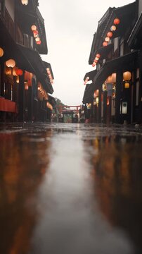 비 내리는 일본풍 거리의 젖은 바닥 반사와 기모노를 입고 걸어가는 인물의 실루엣 (Silhouette of a person in a kimono walking on a wet Japanese style street with reflections)